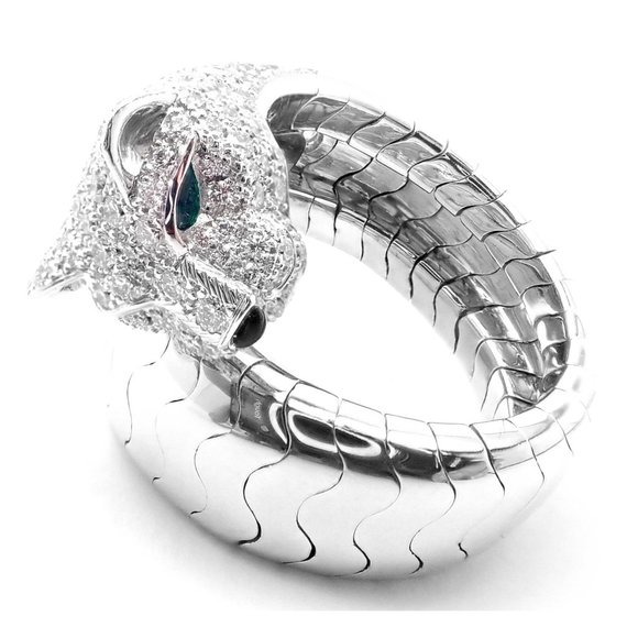 Authentic! Cartier Panther 18k White Gold Diamond Emerald Onyx Band Ring Cert. - Picture 2 of 10